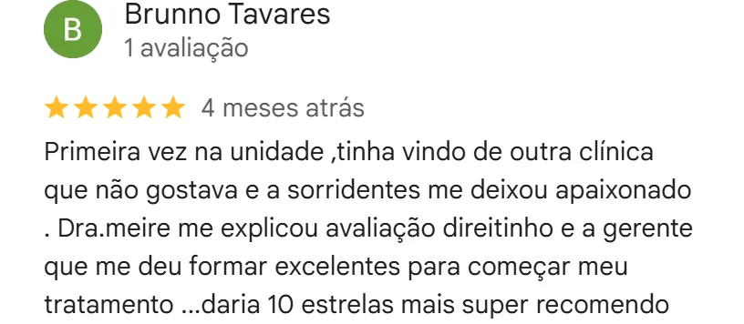 Avaliação cinco estrelas no Google da unidade Vila Nova Cachoeirinha
